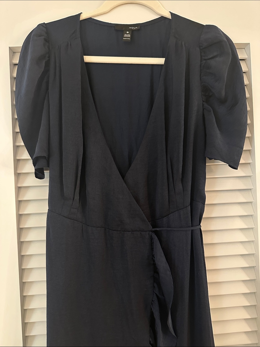 Aqua Navy Blue Ruffled Wrap Dress Maxi Puff Sleeve Size Small - Picture 3 of 8